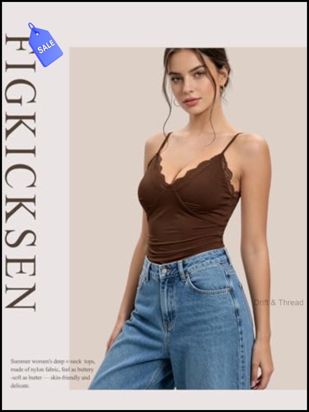 Women's Lace Trim Cami Tank Top Double Lined Spaghetti Straps V Neck - Picture 3 of 5